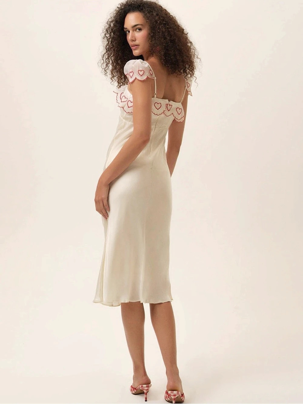 $389 NWT For Love & Lemons Amor Midi Slip Dress in Cream & Red Sz Large - Picture 3 of 15